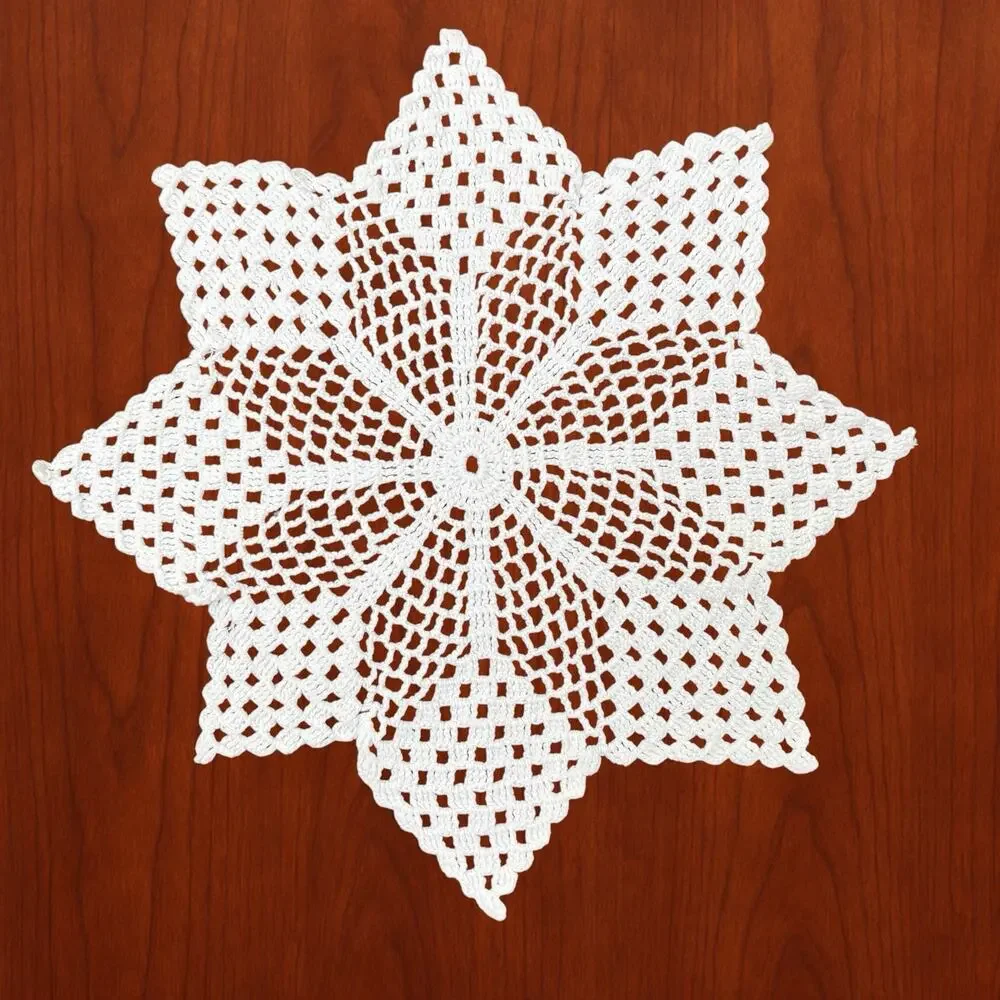 Vintage Hand Crocheted Doilies Set 2 White Table Topper Openwork Star Snowflake